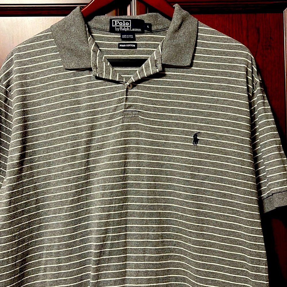 Like New Classic Polo by Ralph Lauren Gray with White Striped 100% Cotton Polo!